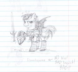 Size: 794x736 | Tagged: safe, artist:wisdom-thumbs, imported from derpibooru, oc, oc only, pony, unicorn, armor, bow (weapon), bow and arrow, female, lined paper, mare, monochrome, pun, sketch, solo, sword, swordpony, traditional art, weapon