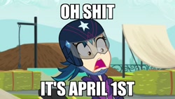 Size: 1280x720 | Tagged: safe, edit, edited screencap, imported from derpibooru, screencap, indigo zap, equestria girls, friendship games, april fools, caption, faic, image macro, meme, screaming, vulgar