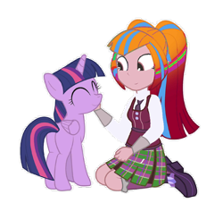 Size: 800x727 | Tagged: safe, artist:dm29, imported from derpibooru, twilight sparkle, oc, oc:marmalade starrynights, equestria girls, april fools, april fools 2016, april fools joke, donut steel, duo, needs more jpeg, petting, simple background, stylistic suck, transparent background, twilight sparkle (alicorn)