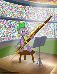 Size: 775x1000 | Tagged: safe, artist:texasuberalles, imported from derpibooru, spike, dragon, bassoon, desperation, male, music stand, musical instrument, solo, spotlight, stadium, stage, sweat