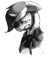 Size: 623x759 | Tagged: safe, artist:mewball, imported from derpibooru, lyra heartstrings, pony, unicorn, fanfic:background pony, clothes, crying, dig the swell hoodie, eyes closed, female, grayscale, gritted teeth, hoodie, monochrome, sad, solo