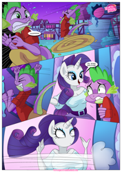 Size: 1200x1696 | Tagged: safe, artist:bbmbbf, imported from derpibooru, rarity, spike, anthro, comic:how to discipline your dragon, equestria untamed, big breasts, breasts, comic, female, gotta go fast, older, older spike, palcomix, teenage spike, teenager