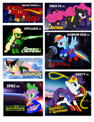 Size: 1024x1325 | Tagged: safe, artist:goodlilslytherin, imported from derpibooru, applejack, fluttershy, pinkie pie, rainbow dash, rarity, spike, twilight sparkle, batman, crossover, green lantern, justice league, mane seven, mane six, martian manhunter, parody, superman, the flash, wonder woman