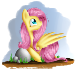 Size: 1300x1200 | Tagged: safe, artist:mufflinka, imported from derpibooru, fluttershy, pegasus, pony, female, mare, prone, rock, solo