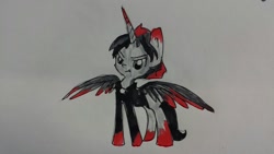 Size: 1280x720 | Tagged: safe, artist:tjpones, imported from derpibooru, oc, oc only, oc:brownie bun, alicorn, demon, pony, horse wife, alicorn oc, april fools, edgy, fangs, female, mare, red and black oc, redesign, solo, traditional art