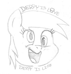 Size: 733x768 | Tagged: safe, artist:chronicle23, imported from derpibooru, derpy hooves, blushing, bust, female, food, monochrome, muffin, portrait, shrek is love shrek is life, smiling, solo, text