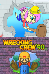 Size: 4000x6008 | Tagged: safe, artist:train wreck, imported from derpibooru, fluttershy, absurd resolution, clothes, comparison, costume, helmet, mario, wrecking crew '98
