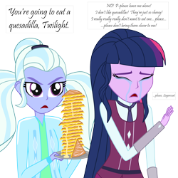 Size: 3188x3188 | Tagged: safe, derpibooru exclusive, imported from derpibooru, sci-twi, sugarcoat, twilight sparkle, equestria girls, clothes, crying, crystal prep academy uniform, duo, food, pure unfiltered evil, quesadilla, school uniform, they're just so cheesy