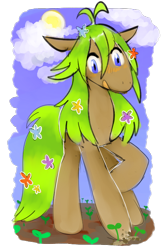 Size: 476x732 | Tagged: safe, artist:perfectaquarium, imported from derpibooru, oc, oc only, oc:taproot, earth pony, pony, blue eyes, flower, flower in hair, long mane