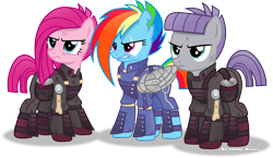 Size: 5245x3039 | Tagged: safe, artist:vector-brony, imported from derpibooru, maud pie, pinkie pie, rainbow dash, earth pony, pegasus, pony, the cutie re-mark, absurd resolution, alternate timeline, amputee, apinkalypse pie, apocalypse dash, apocalypse maud, augmented, clothes, crystal war timeline, eye scar, female, mare, military, pinkamena diane pie, prosthetic limb, prosthetic wing, prosthetics, scar, simple background, torn ear, transparent background, trio, vector