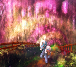 Size: 2347x2070 | Tagged: safe, artist:liracrown, imported from derpibooru, trixie, pony, unicorn, archway, bush, digital painting, dirt road, female, fence, garden, happy, lineless, mare, path, psychedelic, saddle bag, spring, tunnel, wisteria, wooden fence