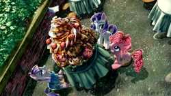 Size: 1500x844 | Tagged: safe, artist:lumelya, imported from derpibooru, maud pie, pinkie pie, rarity, earth pony, pony, unicorn, the gift of the maud pie, female, food, ice cream, scene interpretation, siblings, sisters, sundae, trio