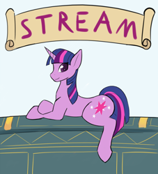 Size: 900x990 | Tagged: safe, artist:pony-butt-express, imported from derpibooru, twilight sparkle, female, livestream, prone, river, solo, stream, text