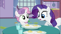 Size: 1920x1080 | Tagged: safe, imported from derpibooru, screencap, rarity, sweetie belle, sisterhooves social, egg (food), food, ponies eating meat, rarity looking at food