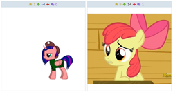 Size: 516x276 | Tagged: safe, imported from derpibooru, apple bloom, oc, derpibooru, exploitable meme, juxtaposition, juxtaposition win, meme, meta