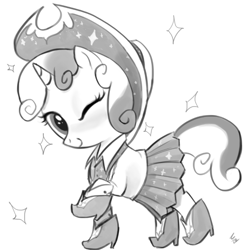 Size: 661x665 | Tagged: safe, artist:ehfa, imported from derpibooru, sweetie belle, on your marks, boots, clothes, cow belle, cowboy boots, cowboy hat, cute, diasweetes, female, grayscale, hat, looking at you, monochrome, one eye closed, shoes, simple background, skirt, solo, sparkles, white background, wink