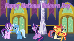 Size: 1024x570 | Tagged: safe, imported from derpibooru, moondancer, starlight glimmer, sunset shimmer, trixie, twilight sparkle, alicorn, pony, unicorn, counterparts, floppy ears, hug, left out, missing rarity, moonset, national unicorn day, op is a duck, op is trying to start shit, sad, twilight sparkle (alicorn), twilight's castle, twilight's counterparts, unicorn master race, vector