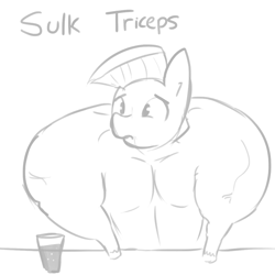 Size: 1080x1080 | Tagged: safe, artist:tjpones, imported from derpibooru, bulk biceps, pony, on your marks, grayscale, male, monochrome, pun, simple background, solo, sulking, white background