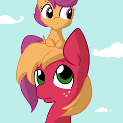 Size: 1080x1080 | Tagged: safe, artist:tjpones, imported from derpibooru, big macintosh, scootaloo, pony, on your marks, ponies riding ponies, pony hat, riding, scene interpretation, scootahat, scootaloo riding big macintosh