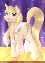 Size: 740x1023 | Tagged: safe, artist:rune-blad3, imported from derpibooru, oc, oc only, oc:taralicious, pony, unicorn, large butt, plot, solo, sparkles, stage, tara strong