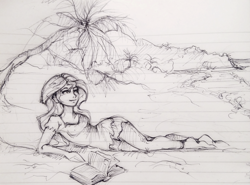 Size: 1116x826 | Tagged: safe, artist:buttersprinkle, imported from derpibooru, sunset shimmer, equestria girls, beach, book, palm tree, sketch, traditional art, tree