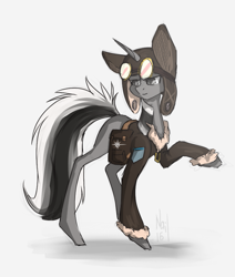 Size: 755x892 | Tagged: safe, artist:lonerdemiurge_nail, imported from derpibooru, oc, oc only, oc:grayscale, pony, unicorn, bag, clothes, commission, fluffy, outfit, sketch, solo