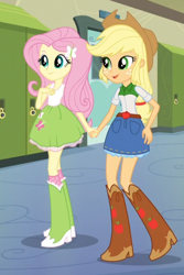 Size: 400x600 | Tagged: safe, edit, edited screencap, imported from derpibooru, screencap, applejack, fluttershy, equestria girls, friendship games, appleshy, boots, clothes, door, female, hallway, high heel boots, holding hands, implied lesbian, lesbian, lockers, shipping, skirt