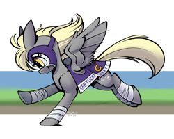 Size: 1280x1024 | Tagged: safe, artist:mittymandi, imported from derpibooru, derpy hooves, pegasus, pony, clothes, determined, female, kentucky, mare, mask, racing, solo