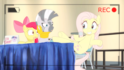 Size: 1366x768 | Tagged: safe, artist:deannart, imported from derpibooru, apple bloom, fluttershy, zecora, earth pony, pegasus, pony, zebra, microphone, shrug, youtube link