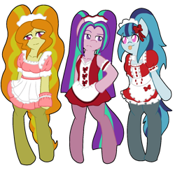 Size: 1000x1000 | Tagged: safe, artist:ask-sonatadusk, imported from derpibooru, adagio dazzle, aria blaze, sonata dusk, semi-anthro, clothes, maid, the dazzlings, trio