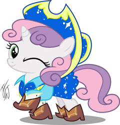 Size: 3000x3128 | Tagged: safe, artist:mlp-scribbles, imported from derpibooru, sweetie belle, on your marks, boots, clothes, cow belle, cowboy boots, cowboy hat, female, hat, shoes, simple background, skirt, solo, stetson, transparent background, vector, wink, wrong aspect ratio