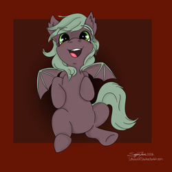 Size: 1000x1000 | Tagged: safe, artist:littlewolfstudios, imported from derpibooru, oc, oc only, oc:sangria, bat pony, pony, baby, bellyrubs, cute, female, filly, foal, on back, solo, teeth