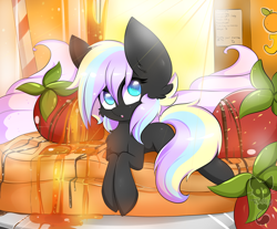 Size: 1024x847 | Tagged: safe, artist:teranen, imported from derpibooru, oc, oc only, oc:ice trio, colored pupils, food, ponies in food, strawberry, waffle