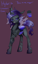 Size: 768x1280 | Tagged: safe, artist:whitenoiseghost, imported from derpibooru, oc, oc only, oc:hybris, changeling, purple changeling, reference sheet, solo