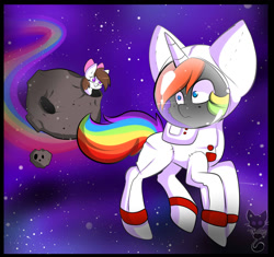 Size: 1024x963 | Tagged: safe, artist:teranen, imported from derpibooru, oc, oc only, oc:aggie, oc:krylone, asteroid, astronaut, kryggie, no pupils, rainbow, space, spacesuit