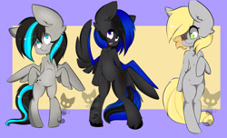 Size: 2851x1729 | Tagged: safe, artist:teranen, imported from derpibooru, oc, oc only, earth pony, pegasus, semi-anthro, bipedal, colored pupils, eyepatch, no catchlights, no pupils, purple background, simple background, yellow background