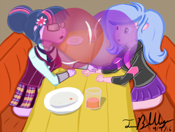 Size: 1024x775 | Tagged: safe, artist:twibubblegum, imported from derpibooru, sci-twi, twilight sparkle, oc, oc:sugerless bubblegum, equestria girls, art theft, booth, bubble, bubble kiss, bubblegum, clothes, female, food, lesbian, miniskirt, sideass, skirt