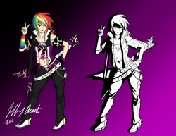 Size: 1024x789 | Tagged: safe, artist:penspark, imported from derpibooru, rainbow dash, human, belly button, digital art, female, glam metal, glam rock, humanized, rock (music), rocker, solo