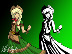 Size: 1536x1157 | Tagged: safe, artist:penspark, imported from derpibooru, applejack, human, bandana, clothes, digital art, dress, female, humanized, solo