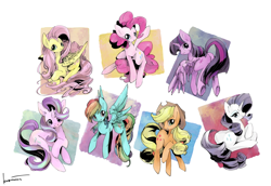 Size: 2500x1722 | Tagged: safe, artist:kuzumori, imported from derpibooru, applejack, fluttershy, pinkie pie, rainbow dash, rarity, starlight glimmer, twilight sparkle, alicorn, pony, alternate mane seven, cute, female, mane six, mare, pixiv, twilight sparkle (alicorn)