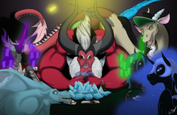 Size: 1024x663 | Tagged: safe, artist:chibiorochimaru, imported from derpibooru, discord, king sombra, lord tirek, nightmare moon, queen chrysalis, sonata dusk, siren, equestria girls, card, magic, poker, poker night, telekinesis, watermark