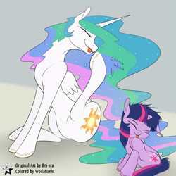 Size: 5000x5000 | Tagged: safe, artist:bri-sta, artist:wodahseht, imported from derpibooru, princess celestia, twilight sparkle, alicorn, pony, unicorn, :p, absurd resolution, active stretch, behaving like a dog, cute, cutelestia, duo, eyes closed, female, filly, filly twilight sparkle, floppy ears, fluffy, mare, missing accessory, one ear down, scratching, sillestia, sitting, smiling, tongue out, twiabetes, twilight dog, unicorn twilight, unshorn fetlocks