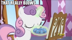 Size: 960x540 | Tagged: safe, edit, edited screencap, imported from derpibooru, screencap, sweetie belle, on your marks, blowing, discovery family logo, female, innuendo, levitation, magic, pitch pipe, pun, reaction image, solo, telekinesis, that really blows