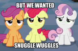 Size: 1633x1067 | Tagged: safe, imported from derpibooru, apple bloom, scootaloo, sweetie belle, on your marks, adorabloom, bronybait, crusaderbetes, cute, cutealoo, cutie mark crusaders, cutie mark cuties, diasweetes, floppy ears, image macro, imma snuggle you, meme