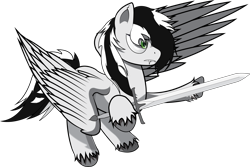 Size: 4580x3053 | Tagged: safe, artist:bladewing, imported from derpibooru, oc, oc only, oc:bladewing, pegasus, pony, vampire, digital art, fangs, fighting stance, solo, sword, weapon