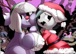 Size: 2679x1933 | Tagged: safe, artist:tofutiles, imported from derpibooru, limestone pie, marble pie, bell, bell collar, cheek squish, clothes, collar, floppy ears, hat, jingle bells, present, red nose, reindeer antlers, santa costume, santa hat, stone