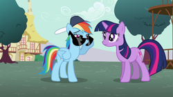 Size: 1366x768 | Tagged: safe, imported from derpibooru, screencap, rainbow dash, twilight sparkle, pegasus, pony, unicorn, may the best pet win, backwards ballcap, baseball cap, duo, female, hat, mare, sunglasses, unicorn twilight