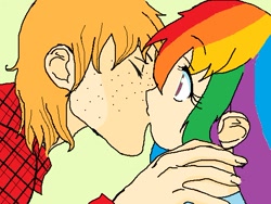 Size: 550x413 | Tagged: safe, artist:applecider1412, imported from derpibooru, big macintosh, rainbow dash, human, duo, female, humanized, kiss on the lips, kissing, male, rainbowmac, shipping, straight, surprise kiss, surprised