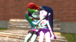 Size: 1360x768 | Tagged: safe, artist:mk513, imported from derpibooru, rainbow dash, twilight sparkle, equestria girls, 3d, bench, boyshorts, clothes, female, gmod, kissing, lesbian, panties, purple underwear, shipping, skirt, twidash, twilight sparkle (alicorn), underwear, upskirt