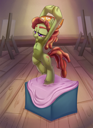 Size: 2911x4000 | Tagged: safe, artist:discorded, imported from derpibooru, tree hugger, earth pony, pony, on your marks, absurd resolution, armpits, art class, artistic nudity, bandana, belly button, bipedal, box, easel, female, modeling, nude model, pedestal, pose, scene interpretation, solo, we don't normally wear clothes